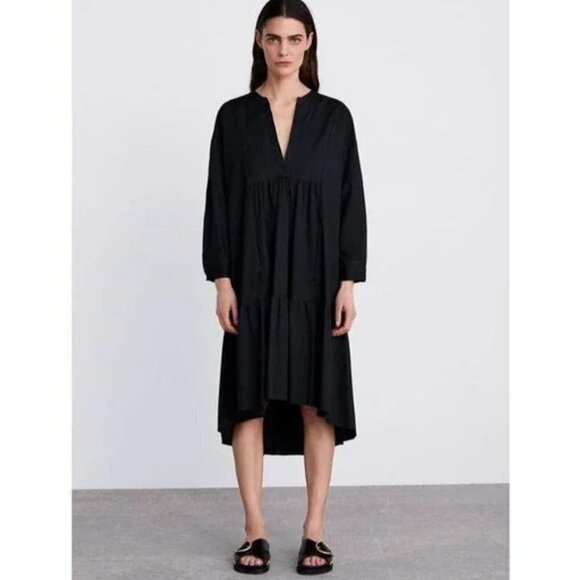 ZARA Black Oversized Voluminous Asymmetric Poplin V-neck Ruffle Shirt Dress XS - Picture 1 of 9